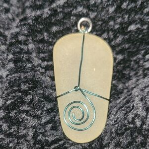 Wire Wrapped Clear Sea Glass Pendant with Spiral Design, Turquoise Wire